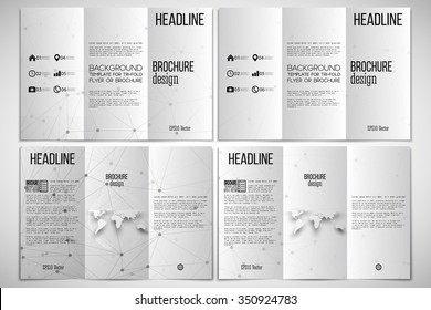 Vector set of tri-fold brochure design template on both sides with world globe element. Molecular structure design, scientific vector background.