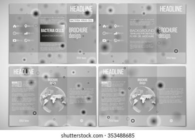 Vector set of tri-fold brochure design template on both sides with world globe element. Molecular research, illustration of cells in gray, science vector background.