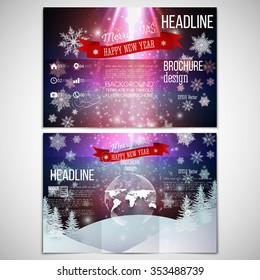 Vector set of tri-fold brochure design template on both sides with world globe element. Merry Christmas and happy New Year vector background.