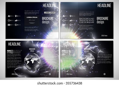 Vector set of tri-fold brochure design template on both sides with world globe element. Electric lighting effect. Magic vector background with lightning. 