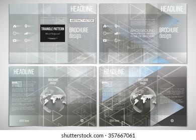 Vector set of tri-fold brochure design template on both sides with world globe element. Abstract blurred vector background with triangles, lines and dots.