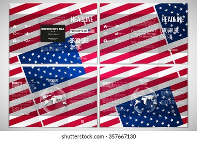 Vector set of tri-fold brochure design template on both sides with world globe element. Presidents day background with american flag, abstract vector illustration.