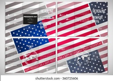 Vector set of tri-fold brochure design template on both sides with world globe element. Presidents day background with american flag, abstract vector illustration.