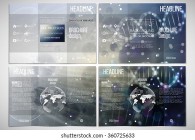 Vector set of tri-fold brochure design template on both sides with world globe element. DNA molecule structure on dark blue background. Science vector background.