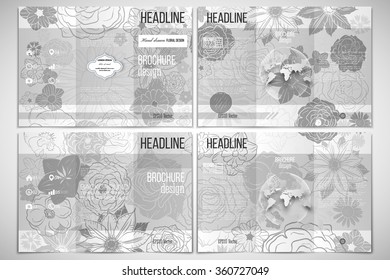 Vector set of tri-fold brochure design template on both sides with world globe element. Hand drawn floral doodle pattern, abstract vector background.