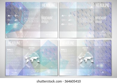 Vector set of tri-fold brochure design template on both sides with world globe element. Blue abstract winter background. Christmas vector style with snowflakes.