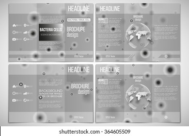 Vector set of tri-fold brochure design template on both sides with world globe element. Molecular research, illustration of cells in gray, science vector background.