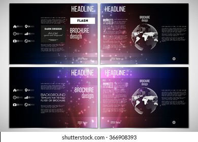 Vector set of tri-fold brochure design template on both sides with world globe element. Flashes against dark background.