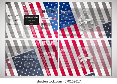 Vector set of tri-fold brochure design template on both sides with world globe element. Presidents day background with american flag, abstract vector illustration