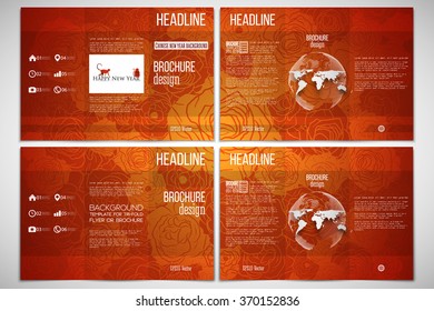 Vector set of tri-fold brochure design template on both sides with world globe element. Chinese new year background. Floral design with red monkeys, vector illustration