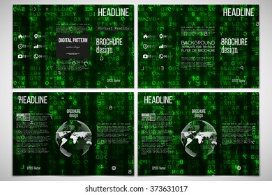 Vector set of tri-fold brochure design template on both sides with world globe element. Virtual reality, abstract technology background with green symbols, vector illustration.