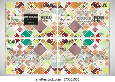 Vector set of tri-fold brochure design template on both sides with world globe element. Material Design. Colored vector background.