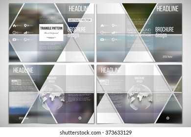 Vector set of tri-fold brochure design template on both sides with world globe element. Abstract multicolored background of blurred nature landscapes, geometric vector, triangular style illustration.