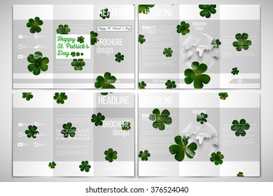 Vector set of tri-fold brochure design template on both sides with world globe element. St Patricks day vector background, green clovers on white