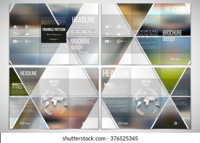 Vector set of tri-fold brochure design template on both sides with world globe element. Abstract multicolored background of blurred nature landscapes, geometric vector, triangular style illustration.