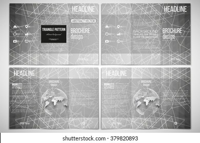 Vector set of tri-fold brochure design template on both sides with world globe element. Sacred geometry, triangle design gray background. Abstract vector illustration
