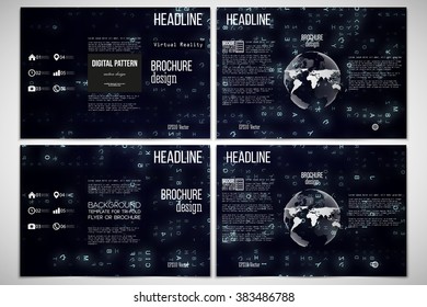 Vector set of tri-fold brochure design templates on both sides with world globe element. Virtual reality, abstract technology background with blue symbols, vector illustration.
