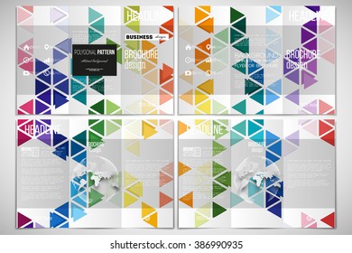 Vector set of tri-fold brochure design template on both sides with world globe element. Abstract colorful business background, modern stylish hexagonal and triangle vector texture.