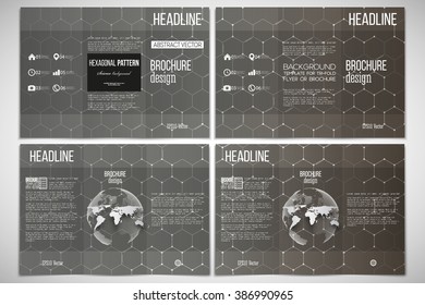 Vector set of tri-fold brochure design template on both sides with world globe element. Chemistry pattern, hexagonal design vector illustration