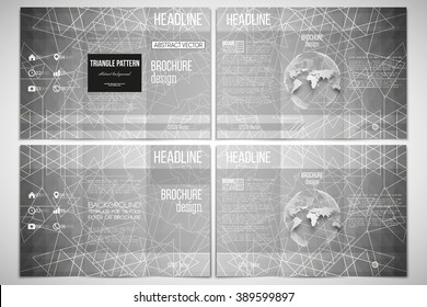 Vector set of tri-fold brochure design template on both sides with world globe element. Sacred geometry, triangle design gray background. Abstract vector illustration