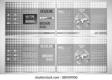 Vector set of tri-fold brochure design template. Halftone vector background. Black dots on white.