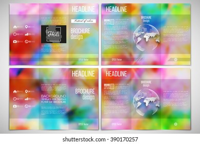 Vector set of tri-fold brochure design template on both sides with world globe element. Colorful background for Holi celebration, vector illustration.