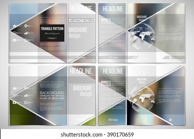 Vector set of tri-fold brochure design template on both sides with world globe element. Abstract multicolored background of blurred nature landscapes, geometric vector, triangular style illustration.