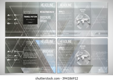 Vector set of tri-fold brochure design template on both sides with world globe element. Abstract blurred vector background with triangles, lines and dots.