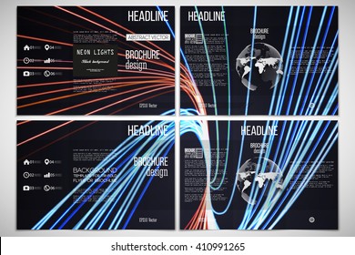 Vector set of tri-fold brochure design template on both sides with world globe element. Abstract lines background, motion design vector illustration.