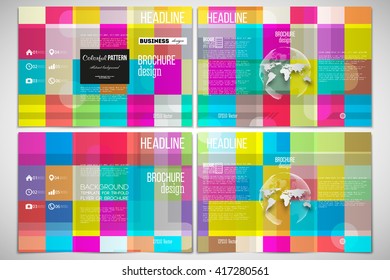 Vector set of tri-fold brochure design template on both sides with world globe element. Abstract colorful business background, modern stylish vector texture.