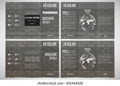 Vector set of tri-fold brochure design template on both sides with world globe element. Chemistry pattern, hexagonal design vector illustration