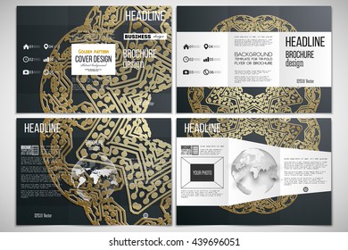 Vector set of tri-fold brochure design template on both sides with world globe element. Golden microchip pattern on dark background, connecting dots and lines, connection structure