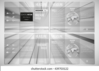 Vector set of tri-fold brochure design template on both sides with world globe element. Abstract lines background, simple abstract monochrome texture.