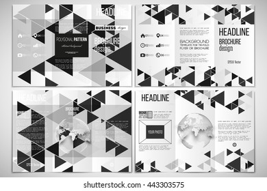 Vector set of tri-fold brochure design template on both sides with world globe element. Triangular vector pattern. Abstract black triangles on white background