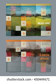 Vector set of tri-fold brochure design template on both sides with abstract background. Science vector background.