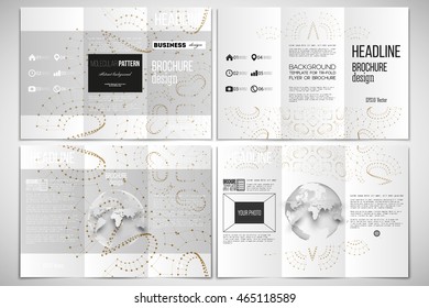 Vector set of tri-fold brochure design template on both sides with world globe element. Polygonal backdrop, connecting dots and lines, golden connection structure on white background. Science vector