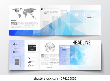 Vector set of tri-fold brochures, square design templates with element of world map and globe. Abstract colorful polygonal background, modern stylish triangle vector texture.