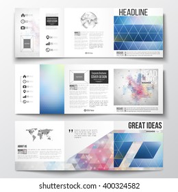 Vector set of tri-fold brochures, square design templates. Abstract colorful polygonal background with blurred image on it, modern stylish triangle vector texture. 