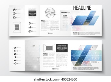 Vector set of tri-fold brochures, square design templates with element of world globe. Abstract colorful polygonal background with blurred image on it, modern stylish triangle vector texture. 