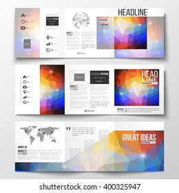 Vector set of tri-fold brochures, square design templates with element of world map and globe. Abstract colorful polygonal background, modern stylish triangle vector texture.
