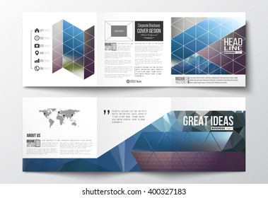 Vector set of tri-fold brochures, square design templates with element of world map. Abstract colorful polygonal background with blurred image on it, modern stylish triangle vector texture. 