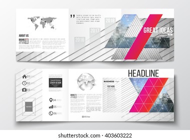 Vector set of tri-fold brochures, square design templates with element of world map and globe. Abstract colorful polygonal background, modern stylish triangle vector texture. 