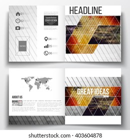 Vector set of tri-fold brochures, square design templates with element of world map. Abstract colorful polygonal background, modern stylish triangle vector texture.