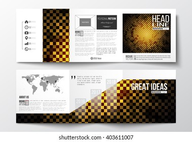 Vector set of tri-fold brochures, square design templates with element of world map. Abstract polygonal background, modern stylish sguare design golden vector texture.