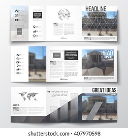 Vector set of tri-fold brochures, square design brochure templates with element of world map and globe. Abstract background, blurred image, urban landscape, modern stylish vector brochure.