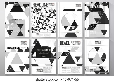 Vector set of tri-fold brochures, square design templates with element of world map. Abstract colorful polygonal backdrop, blurred background, mountain landscape, modern triangle vector texture