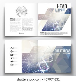 Vector set of tri-fold brochures, square design templates with element of world map. Abstract colorful polygonal backdrop, blurred background, mountain landscape, modern triangle vector texture