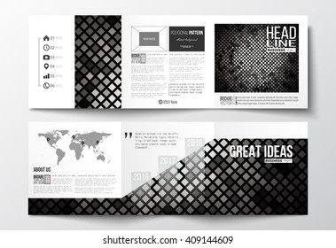 Vector set of tri-fold brochures, square design templates with element of world map. Abstract polygonal background, modern stylish sguare design silver vector texture