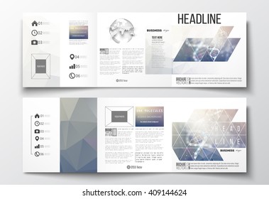 Vector set of tri-fold brochures, square design templates with element of world globe. DNA molecule structure on a blue background. Science vector background.