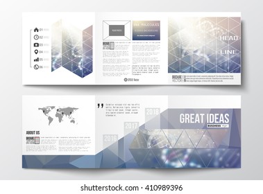 Vector set of tri-fold brochures, square design templates with element of world map. DNA molecule structure on a blue background. Science vector background.